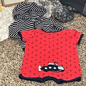 JACKET & ROMPER 2 PCs Carter's Navy and White Striped Hoodie w red Nautical 6-9M